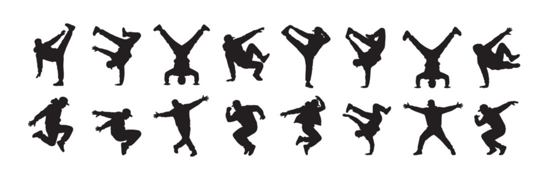 Breakdance Silhouettes Row: Urban Street Dance Jumping Poses and Dynamic Movement in Black Silhouettes