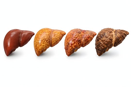 Four-stage NAFLD progression: healthy liver, steatosis, NASH and cirrhosis as photorealistic CGI specimens. Hepatology educational medical illustration.