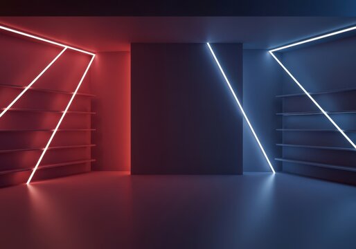 Stylized geometric architecture creating an abstract retail environment, featuring modern empty shelving and strong conceptual lighting effects, purchase, commerce, consumerism