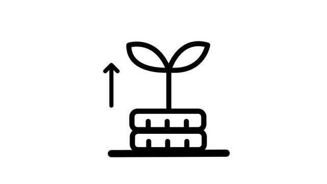 2D motion graphic animation of a plant growing on coin stacks with an upward arrow, depicting financial investment growth in a minimalist outline style
