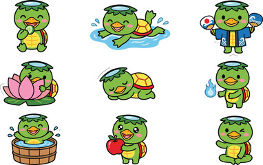 Fototapeta premium Cute Kappa Character Collection Vector Set with Swimming Hot Spring Lotus Apple Summer Festival and Japanese Folklore Illustrations