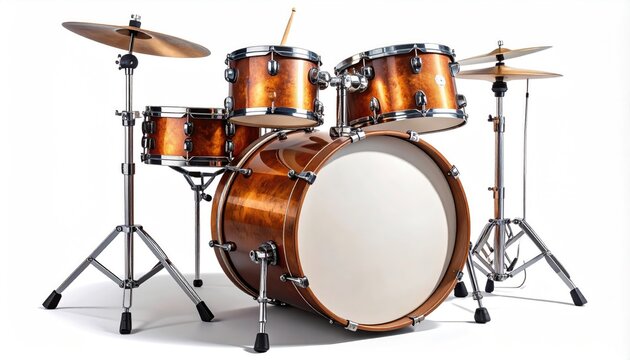 Polished wood drum set with cymbals, stands, and drumsticks