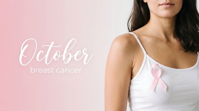 A woman wearing a pink ribbon on her white top serves as a powerful symbol for Breast Cancer Awareness Month, promoting early detection, strength, and community support.