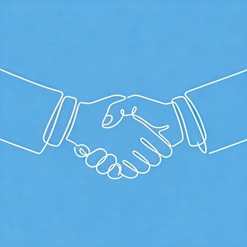 One continuous line handshake sketch with white stroke on blue background, minimalist linear illustration for business partnership agreement concept