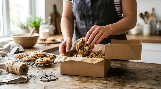 Close up of hands packaging freshly baked homemade chocolate chip cookies into a brown cardboard gift box in a rustic kitchen