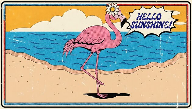 Pink flamingo on beach with text hello sunshine beach life summer day tropical island flamingo sunshine tropical vacation relaxation illustration greeting ocean view