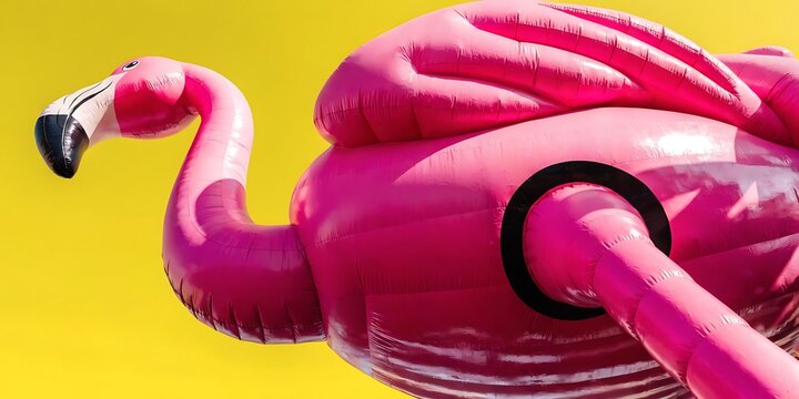 Pink flamingo inflatable pool float against a bright yellow background with flamingo inflatable tropical vacation recreation swimring inflatabletoy lifestyle poolside abstract