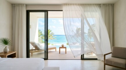 Fototapeta premium Modern hotel room with open balcony overlooking tropical beach and blue ocean. White sheer curtain blowing in wind. Summer travel, luxury vacation, travel and relaxation concept.