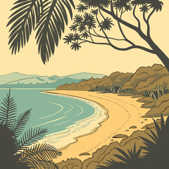 Obraz premium Tropical beach with palm trees and ocean waves at sunset tropical vacation relaxation
