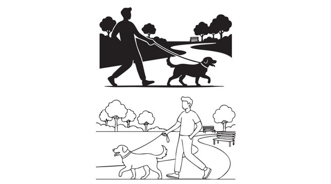 dog walker silhouette illustration in park with trees