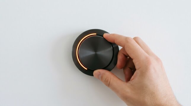 Man hand adjusting round thermostat dial on white wall. Smart home climate control system with glowing orange indicator light. Modern technology for energy efficiency and temperature.