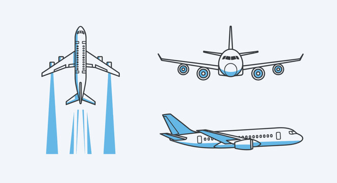 Set of three airplane icons showing different angles and flight paths in a flat design style.