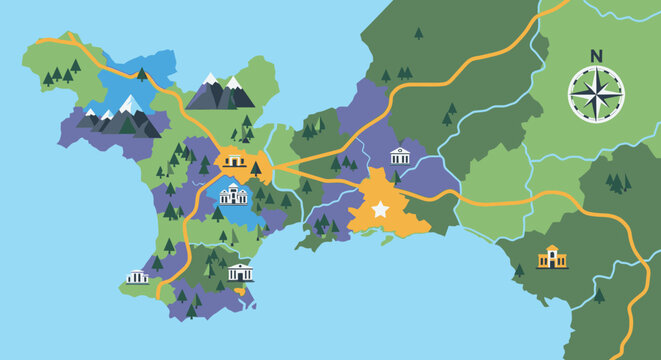 Stylized flat vector illustration of a colorful fantasy game map with mountains and buildings.
