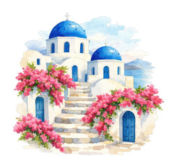 Obraz premium PNG Charming Greek island watercolor illustration.