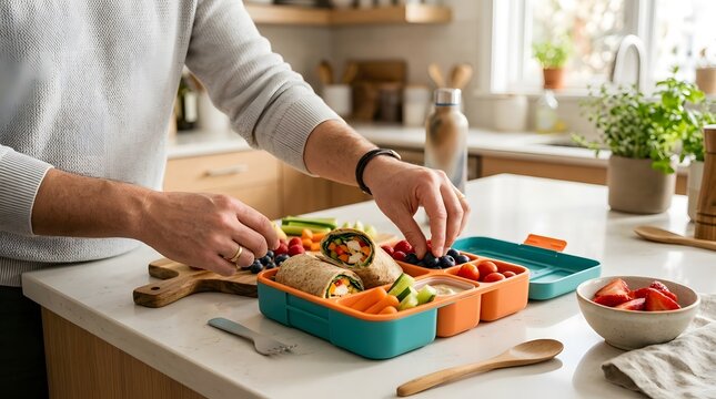 Man preparing a healthy and nutritious lunch box with chicken wraps, fresh berries, and vegetables in a bright modern kitchen
