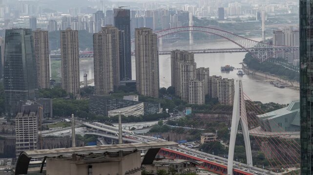 Chongqing cyberpunk city skyline with river