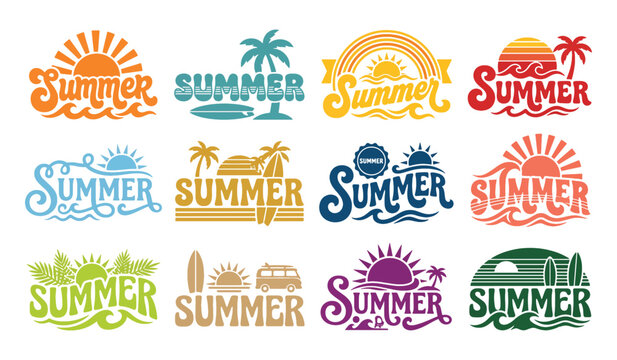 Vintage style summer beach emblems and retro surfing typographic designs