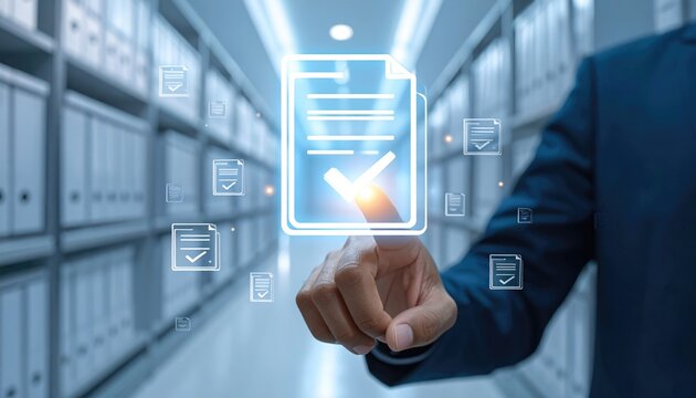 Hand points to glowing document icon, data storage shelves blur behind