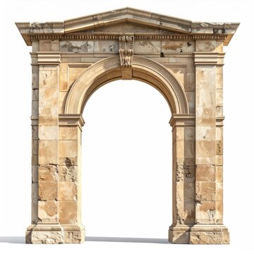 Ancient stone archway with ornate pediment, weathered and majestic