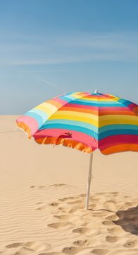 Colorful retro striped umbrella planted firmly in the clean sand, providing shade for a perfect day of relaxing seaside vacation travel, vibrant, travel, umbrella