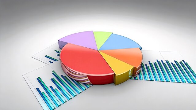 Colorful 3D pie chart paired with red line trend graph on white grid coordinate plane, business visualization for financial market proportion growth analysis