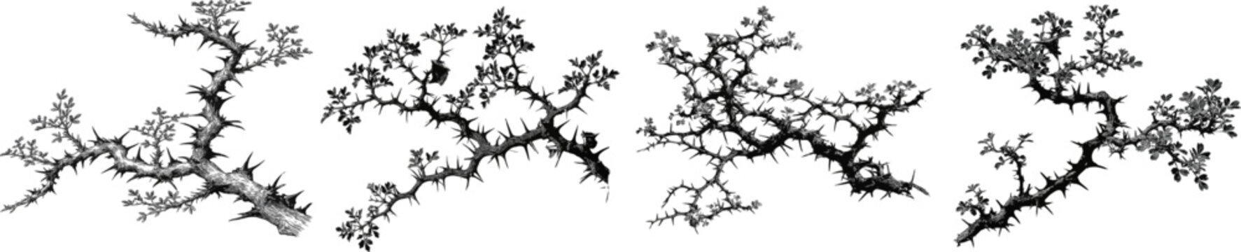 A true Myrrh tree branch exhibits its rugged, knotted structure with sharp thorns and tiny trifoliate leaves, set against a stark white background, evoking ancient desert flora aesthetics