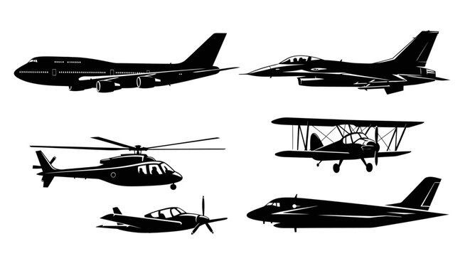 Set of black silhouettes of various aircraft including jets helicopters and propeller planes.
