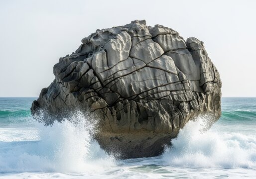 Massive, rugged grey boulders dominate the shoreline, showcasing heavy marine erosion and the powerful motion of white ocean waves crashing violently, Shore, coastline, movement