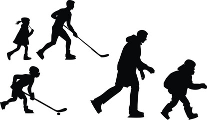 Naklejka premium Ice hockey players silhouette design on a white background depicting a family enjoying winter sports