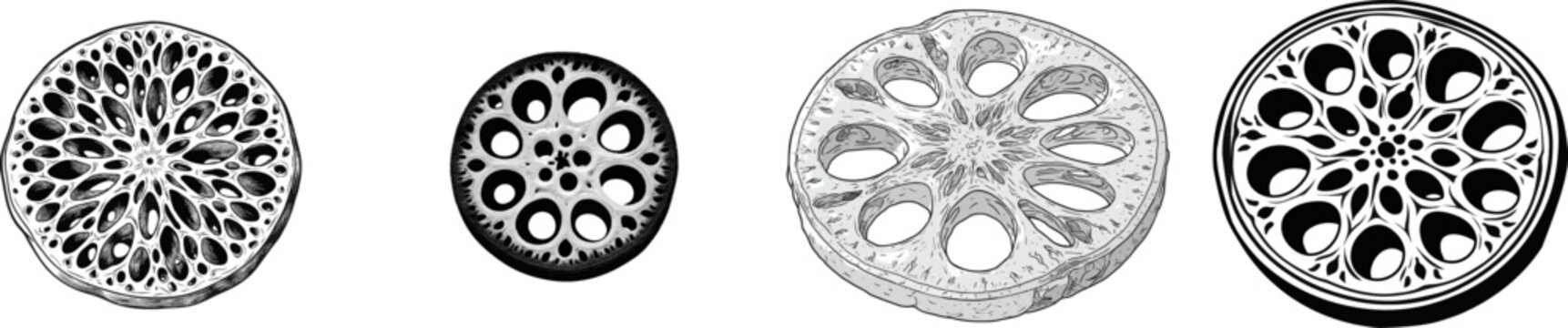 A meticulously detailed cross-section of a lotus root showcases its iconic geometric air-pocket pattern in a striking black and white vector illustration, set against a pristine white background