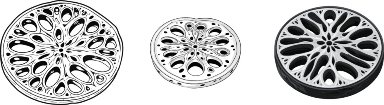 A stunning black and white vector illustration of a cross-section of a lotus root showcases its symmetrical internal air-pocket pattern against a pure white background