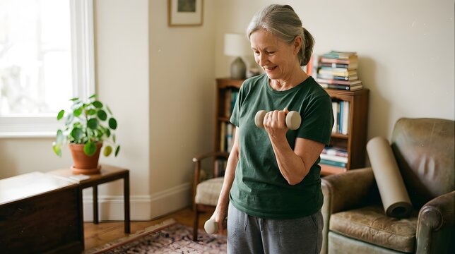 Smiling senior woman performing bicep curls with dumbbells during a home workout in a bright and cozy living room