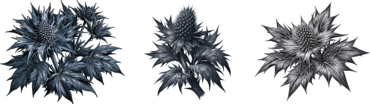 A striking illustration of wild sea holly (Eryngium) showcases its unique spiky leaves and cone-shaped flower head against a solid white background