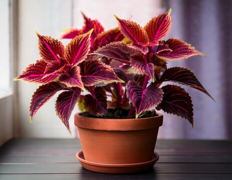 lush coleus plant with vibrant red and purple serrated leaves in a terracotta pot