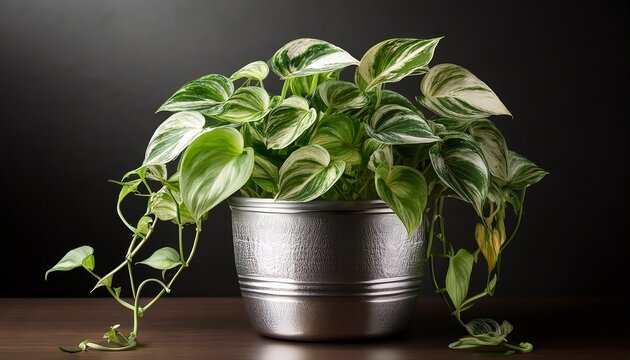 lush variegated pothos plant with trailing vines in a silver pot