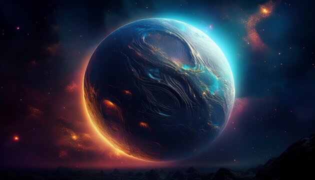 mysterious alien planet with textured surface and glowing light in dark space