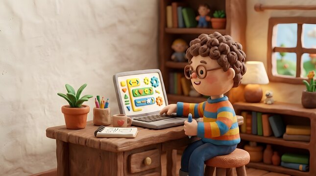 Cute claymation style boy student learning computer programming and coding on a laptop at his desk in a cozy room