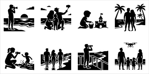 Fototapeta premium Black silhouette icons of people enjoying summer beach activities family vacation and photography.