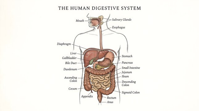 Human Digestive System Anatomy Illustration with Labeled Organs and Fine Serif Typography