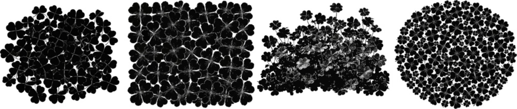 A dense patch of wild four-leaf clovers in black silhouette with precise white outlines forms an intricate vector graphic design, symbolizing luck and fortune against a solid white background
