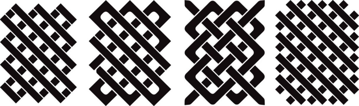Set of four intricate black and white seamless intertwined woven knot patterns with intertwined geometric seamless ornamental abstract traditional