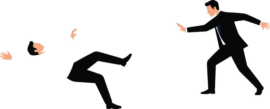 Businessmen silhouettes with one man falling down backward and another running to help vector illustration
