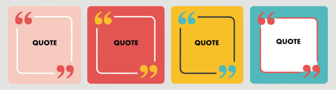 Set of four colorful square quote boxes with quotation marks for social media posts quotation template colorful background communication marketing