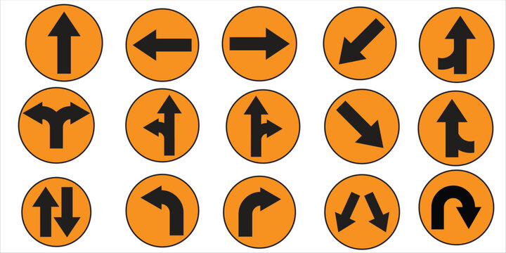 Set of 15 Orange Circular Traffic Direction Arrow Signs &mdash; Road Navigation Icon Collection for Transport, Logistics and Safety Design