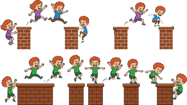 Cartoon children characters jumping running and climbing brick obstacles in active parkour movement sequences vector illustration