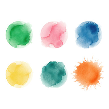 Six circular watercolor paint drops in emerald, rose, azure, lemon, teal, and tangerine on white paper with visible pigment texture and bleeding edges artistic joy