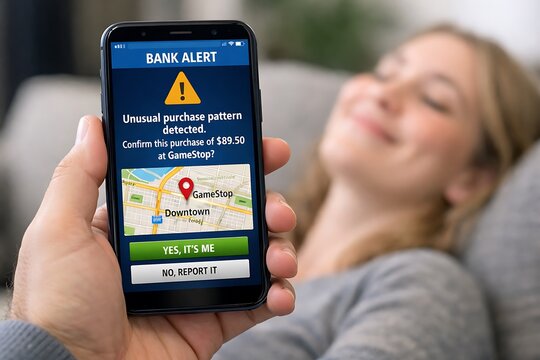 Mobile Phone Displaying Bank Alert for Unusual GameStop Purchase