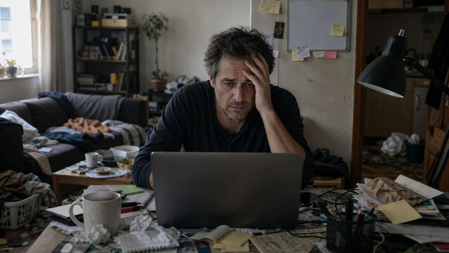 Stressed middle aged man working on laptop in messy living room desk representing mental health crisis, burnout, and remote work fatigue