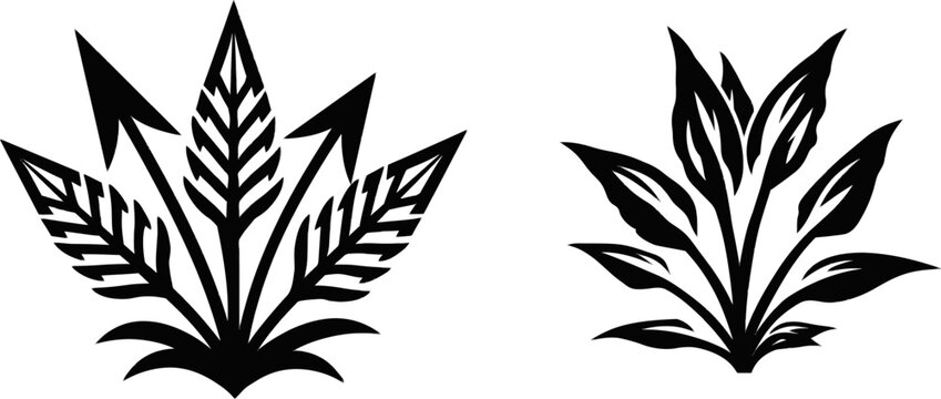 A distinct Sagittaria arrowhead plant rosette with sharp, arrow-shaped leaves is depicted in a clean minimalist vector graphic against a solid white background
