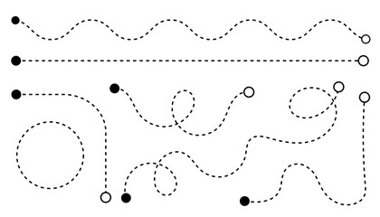 Line map dash for dot route point and stroke line doodle. Travel curve editable for location road spiral and swirl point vector. Line white background for dot graphic curly and route. © Tetiana Kubara